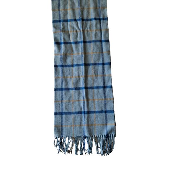 100% Cashmere Made in Scotland Blue & Yellow Plaid Rectangular Scarf w Fringes - Picture 4 of 6